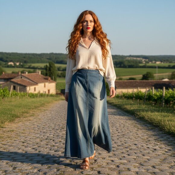 Vintage Dresses & Skirts - VTG Encore Denim Flare Maxi Skirt Size 22 Paneled Faded Wash Y2K